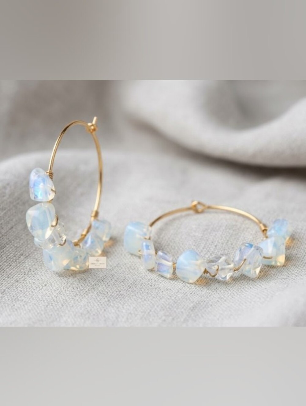 Chalcedony Crystal Chip Stone & Gold Tone Hoop Earrings Set - Boho Natural